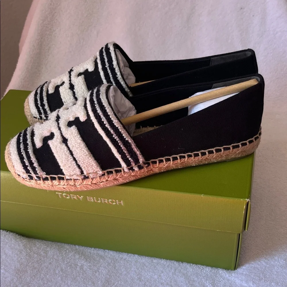 Tory Burch Black and Natural Stripe Espadrille Slip-Ons